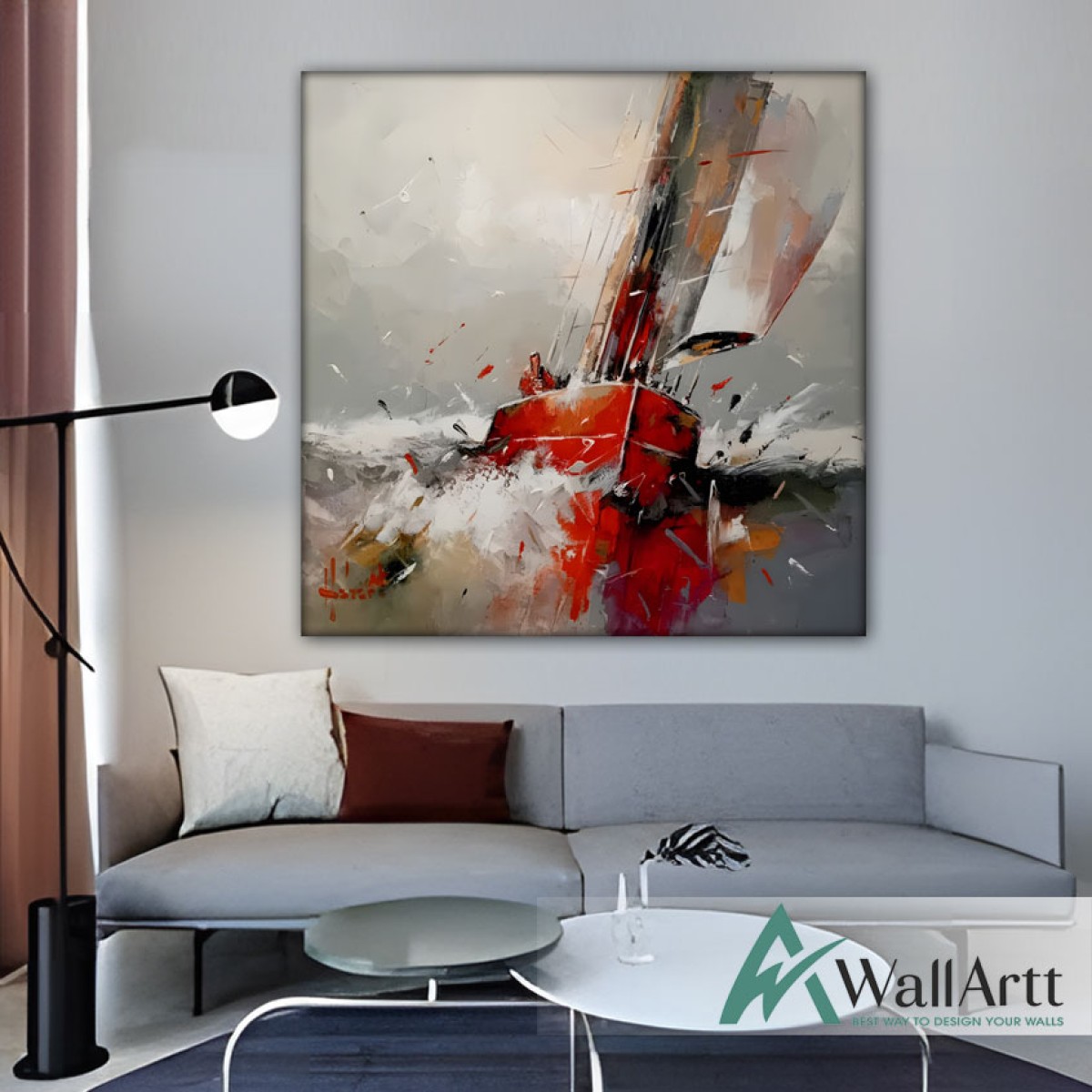 Red Sailboat Textured Partial Oil Painting - Wall Art